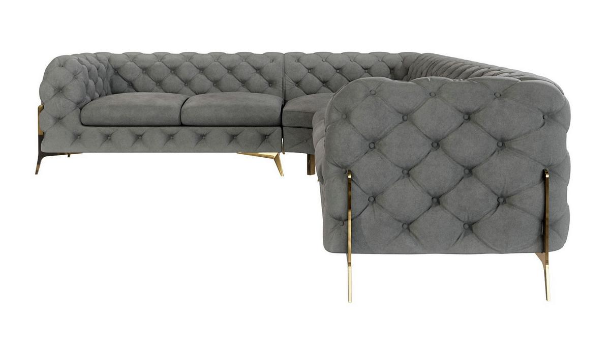 ECKSOFA Chesterfield Lexi Grau Samt, langer Schenkel rechts - Goldfarben/Grau, Holz/Textil (323/264cm) - S-Style Möbel