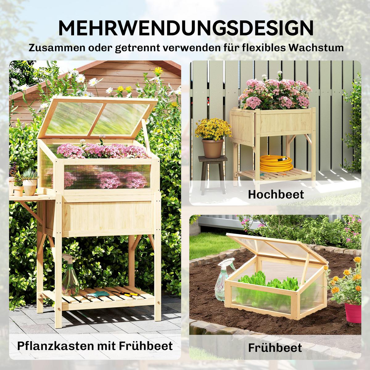HOCHBEET mit Frühbeetaufsatz aus Holz Pflanzkasten mit Gewächshaus Seitentisch - Naturfarben, Holz (50/120/104cm) - Outsunny