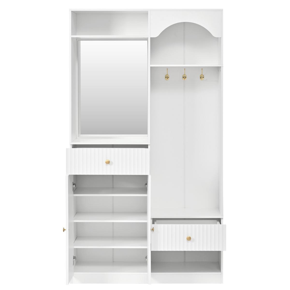GARDEROBE 100cm Weiß mit LED, Spiegel, Schuhschrank & Sitzbank - Weiß, Holzwerkstoff (100/180/35cm) - Urban Meuble