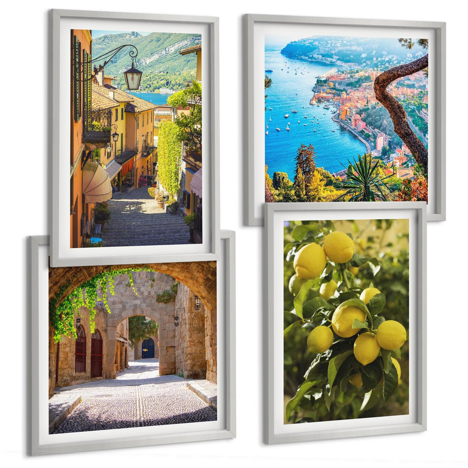 BILDER SET 4er Set - 50x50 cm & 40x60 cm Silberner Rahmen - Straßen am Meer, ein Meer aus Zitronen - Silberfarben, Kunststoff (50/50cm) - TULUP