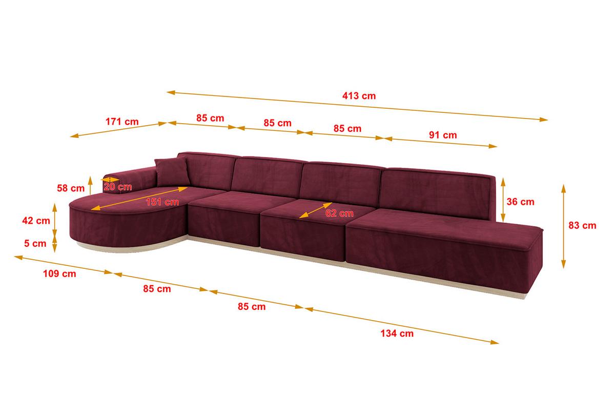 ECKSOFA Ottomane Links ARRIO-L3 - 413x171x83 cm Bordeauxrot - Bordeaux, Holzwerkstoff/Textil (413/171cm) - ALTDECOR