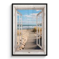 POSTER MIT RAHMEN Fenster - Meer - Küste - Natur - Ausblick - Strand - Wattenmeer Bilderleiste 80x120 cm - Beige, Papier (80/120cm) - MuchoWow