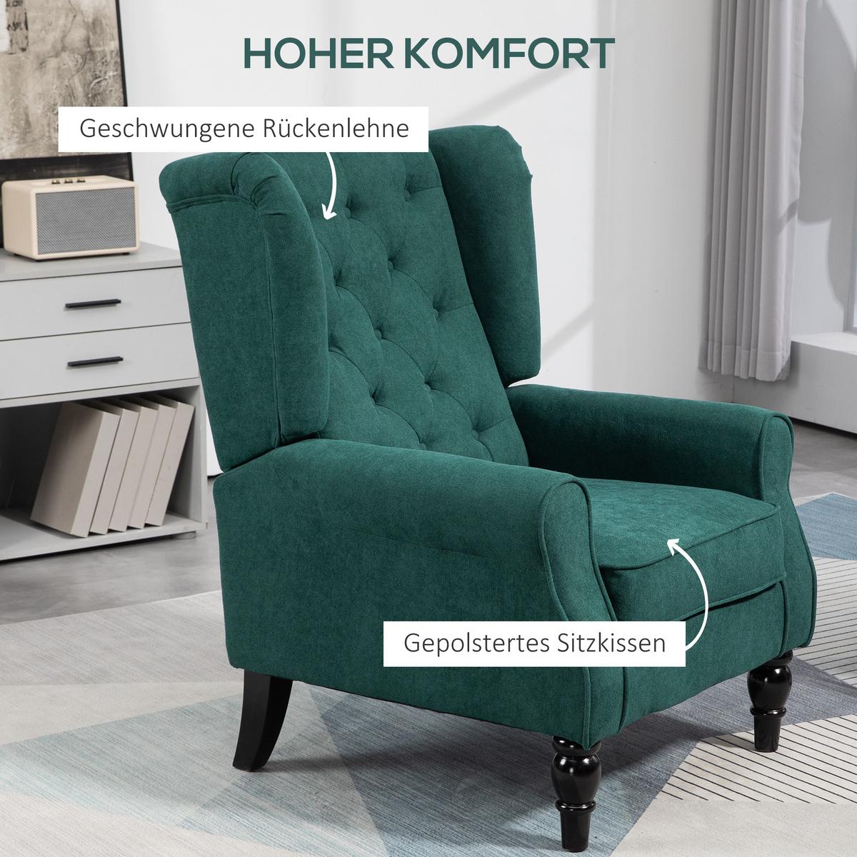 OHRENSESSEL Gepolstert Sessel mit Tufting, hoher Rückenlehne bis 160 kg - Smaragdgrün/Dunkelgrün, Holz/Textil (74/102/86cm) - HOMCOM