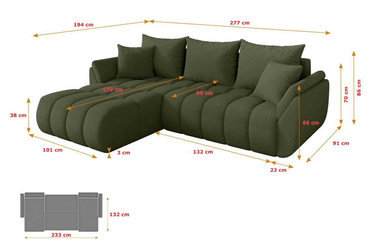 ECKSOFA mit Schlaffunktion Ottomane Links TOKO-L-v1 277x194x86 Grün Bouclé - Schwarz/Olivgrün, Holzwerkstoff/Kunststoff (277/194cm) - ALTDECOR