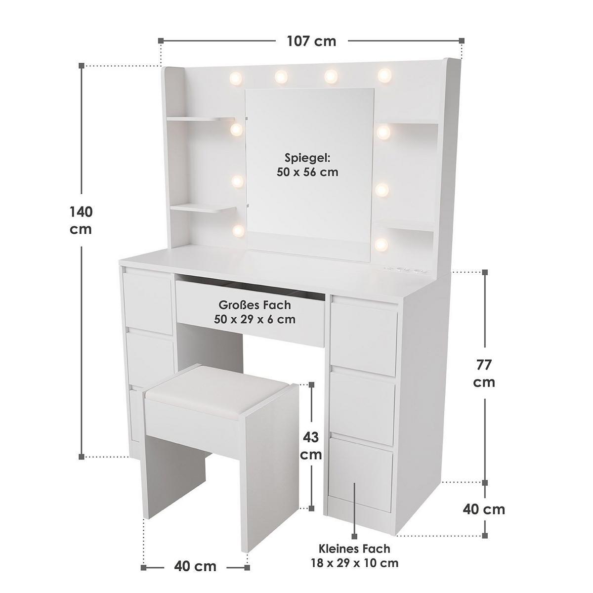SCHMINKTISCH Malia mit LED und Hocker Melly - Weiß, Holz (107/140/40cm) - Juskys