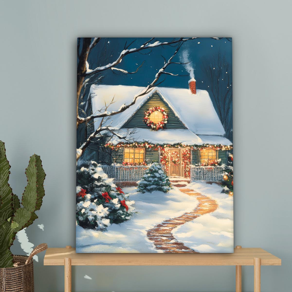 LEINWANDBILD Weihnachten - Weihnachtsbaum - Winter - Zuhause - Schnee Wandbild Wohnzimmer 60x80 cm - Smaragdgrün, Textil (60/80cm) - MuchoWow