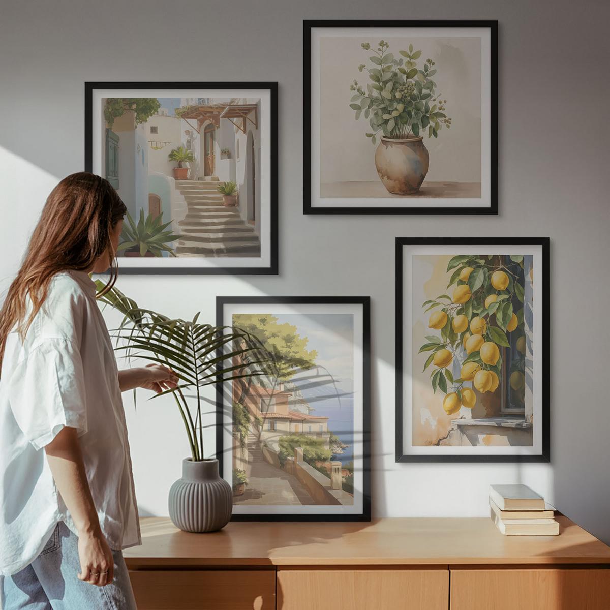 BILDER SET 4er Set - 50x50 cm & 40x60 cm Schwarzer Rahmen - Blumen in einer Vase, ein Meer aus Zitronen - Schwarz, Kunststoff (50/50cm) - TULUP