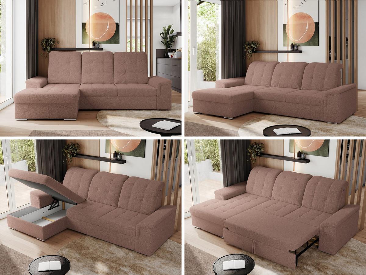 ECKSOFA MADRITO L - Rosa Boucle - Links - Silberfarben/Rosa, Textil/Metall (160/256cm)