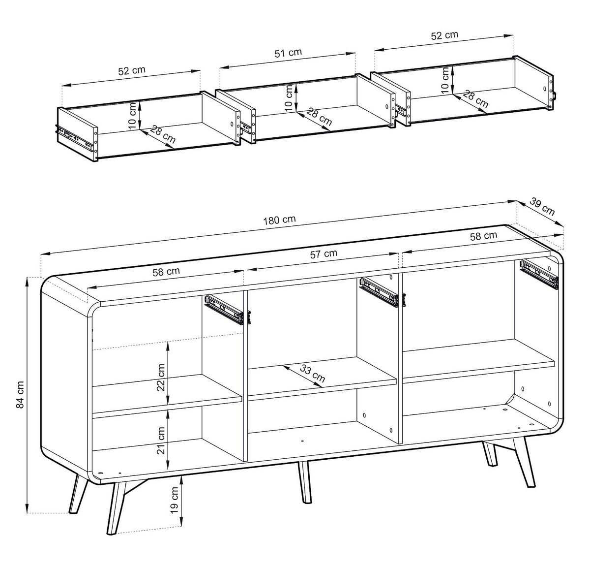 SIDEBOARD Eiche Natur, Kommode 180 x 84 cm mit 3-Türen und 3 Schubladen, Push-To-Open - Eichefarben/Naturfarben, Holz/Holzwerkstoff (180/84/39cm) - Furn.Design