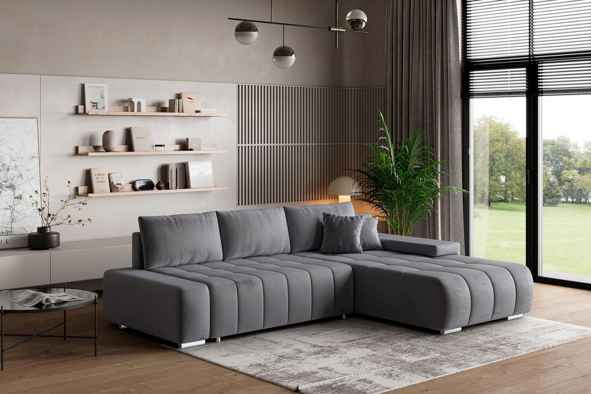 ECKSOFA ALESE R-S Grau Velours-Stoff mit Schlaffunktion - Silberfarben/Grau, Holz/Textil (265/185cm) - MASSENO