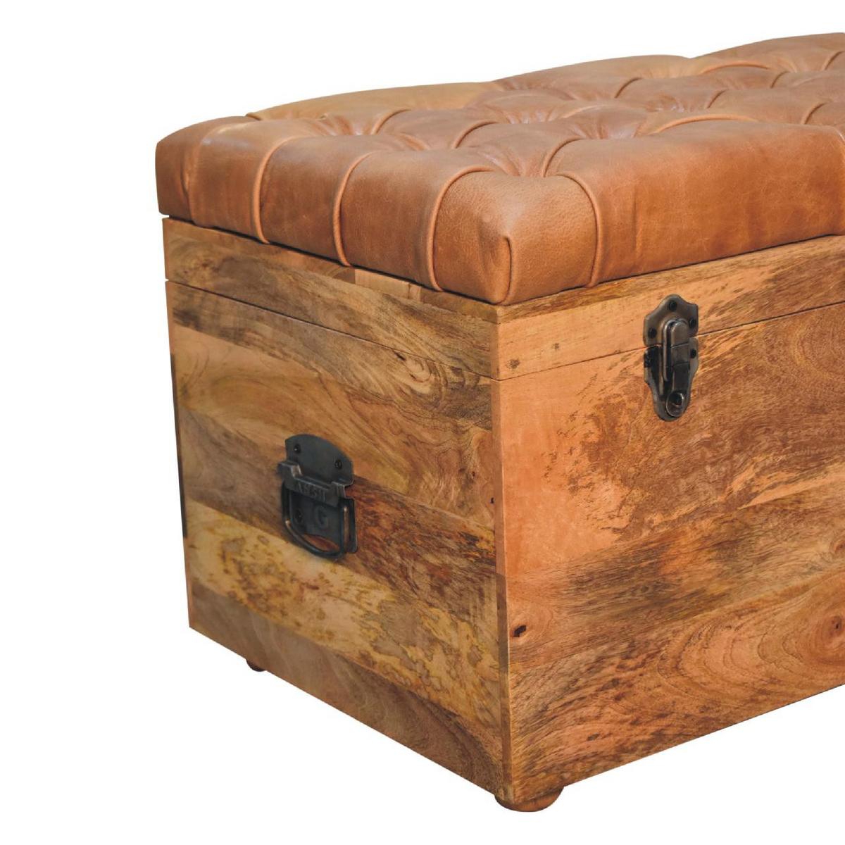 AUFBEWAHRUNGSTRUHE Büffelleder Oak-ish, Aufklappbare Aufbewahrungstruhe, Hellbraun - Hellbraun/Messingfarben, Mangoholz/Holz (90/45/45cm) - Artisan Furniture