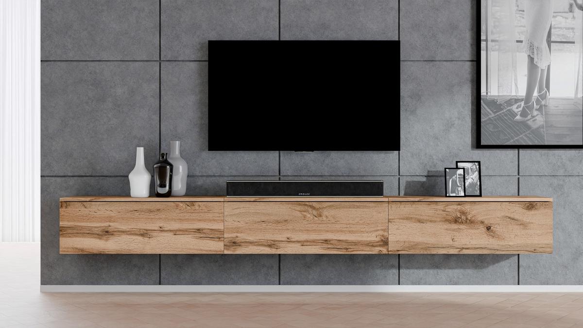 LOWBOARD Loriano 3x100 Eiche Wotan 300/34/32 cm – Hängendes TV Board - Braun, Holzwerkstoff/Kunststoff (300/34/32cm) - AX Living