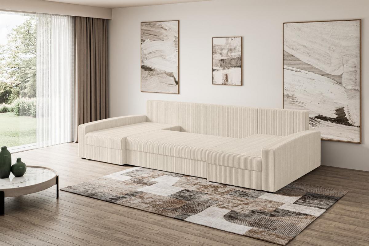 WOHNLANDSCHAFT mit Schlaffunktion und Bettkasten ALESIA-U 301x140x90 cm Beige Cord - Beige/Silberfarben, Holzwerkstoff/Kunststoff (301/90/140cm) - ALTDECOR