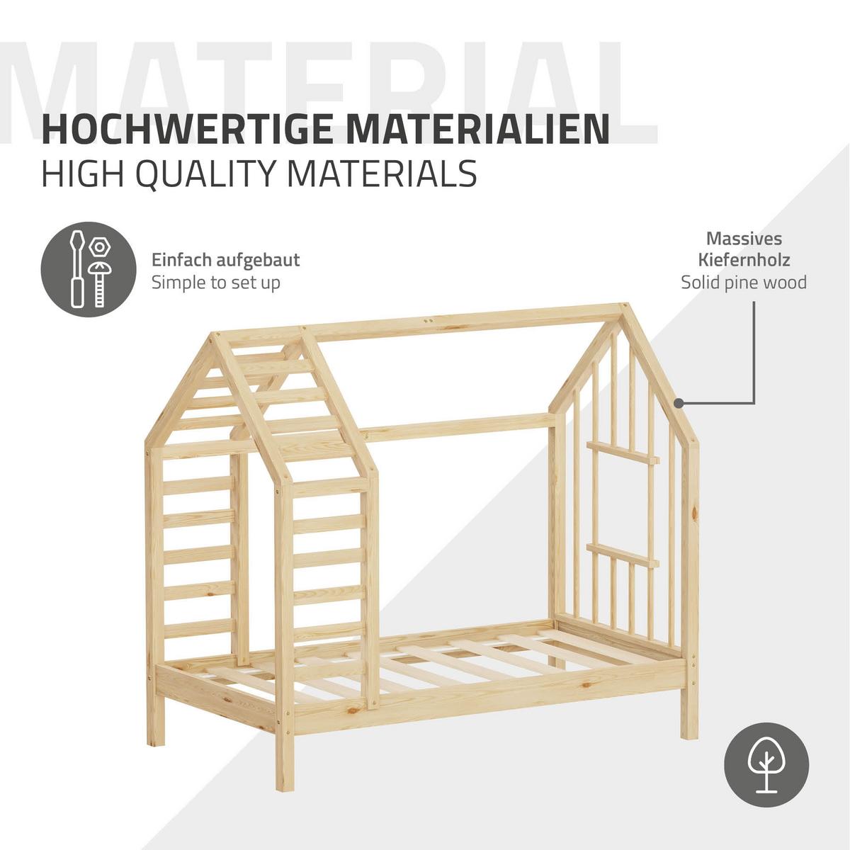 KINDERBETT 70x140 cm mit Lattenrost Dach und Fenster Hausbett aus massivem Kiefernholz Natur - Naturfarben, Holz (70/140cm) - ML-DESIGN