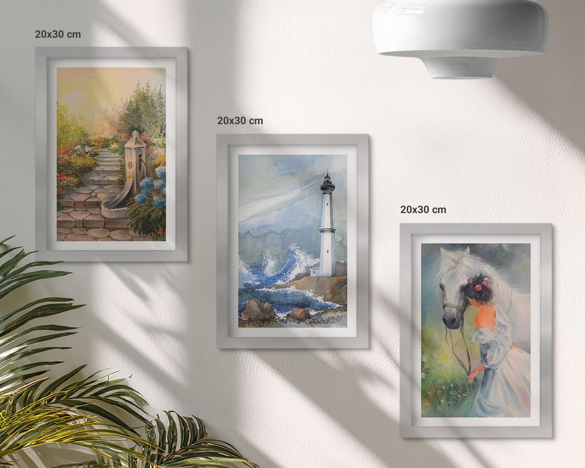 BILDER SET 3er Set - 20x30 cm Silberner Rahmen - Landschaft Leuchtturm Pferd Mädchen - Silberfarben, Kunststoff (20/30cm) - TULUP