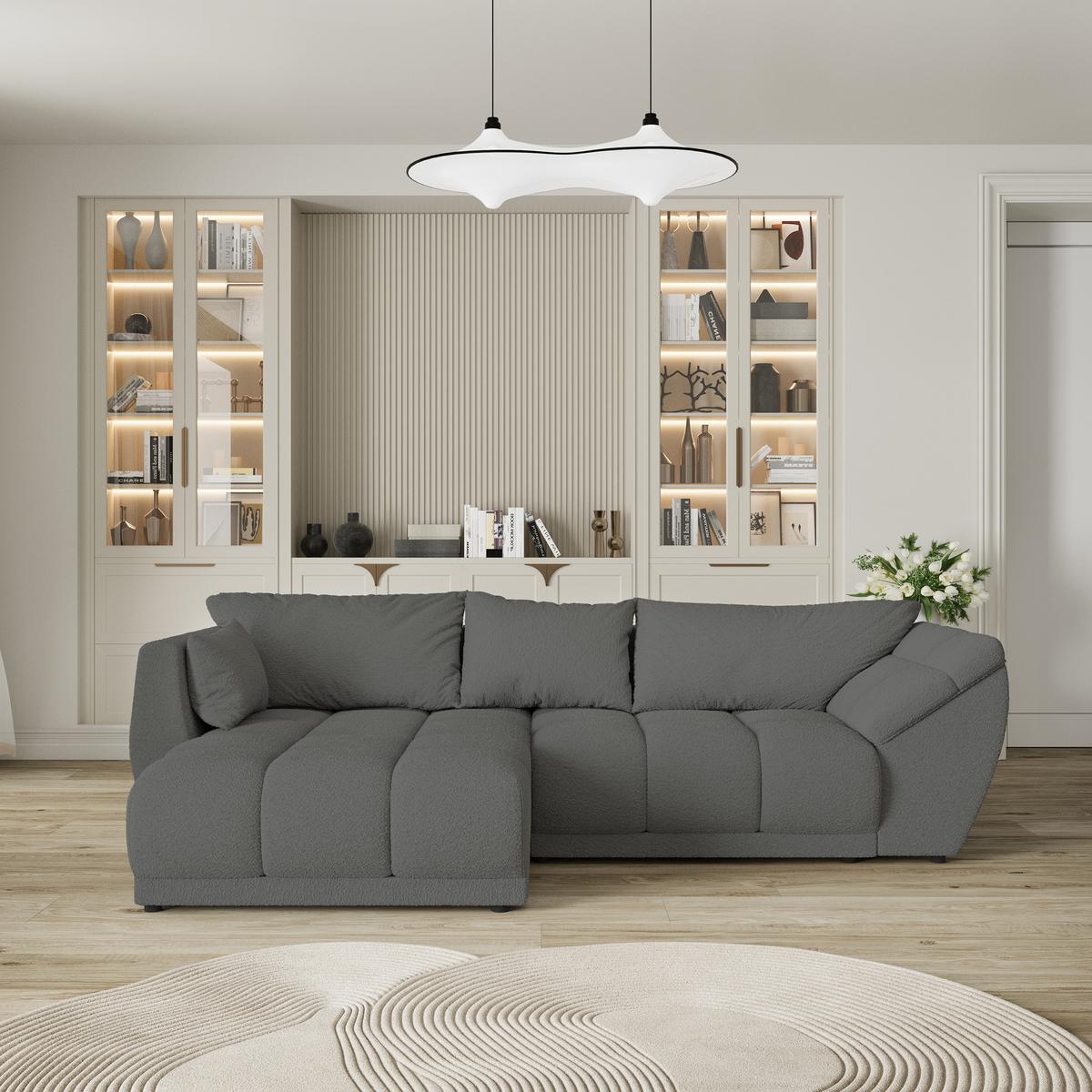 ECKSOFA ORENTI L-S Grau Boucle-Stoff mit Schlaffunktion - Grau, Holz (287/182cm) - MASSENO