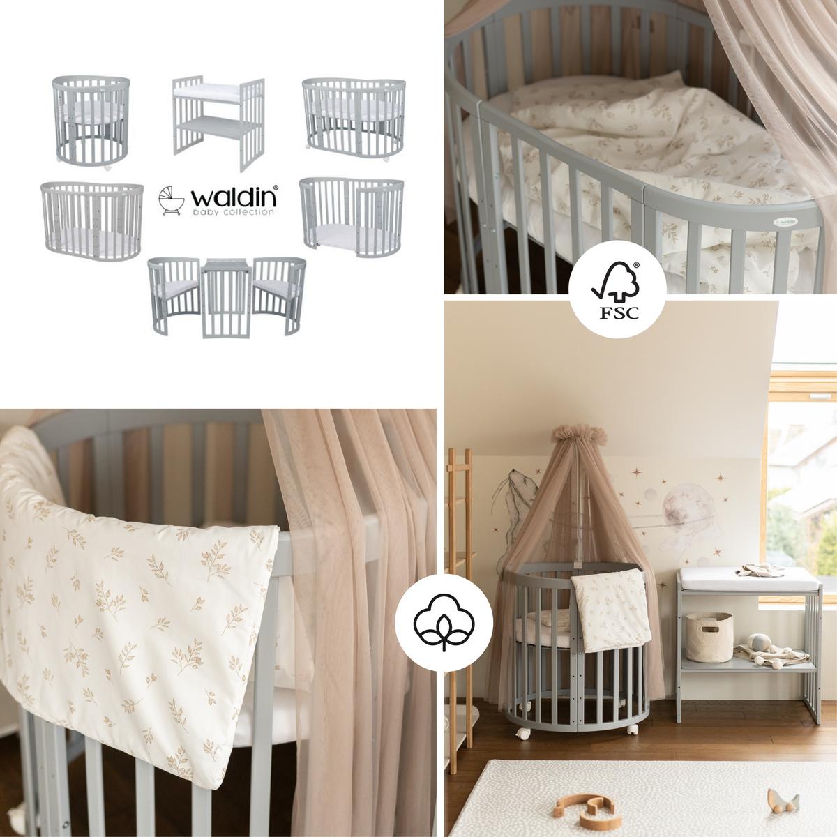 BABYBETT GREY OVAL 7in1 mit Matratze und Himmelset - Taupe/Grau, Holz/Textil (73/125cm) - waldin