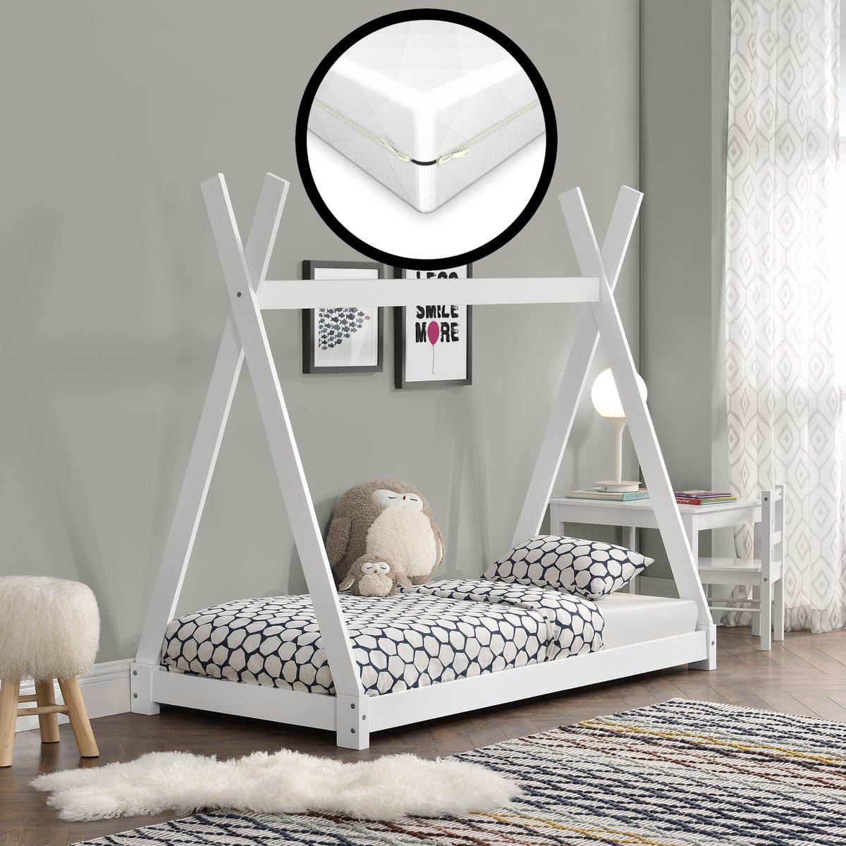 KINDERBETT Onejda mit Matratze - Weiß, Holz/Textil (80/160cm) - [en.casa]