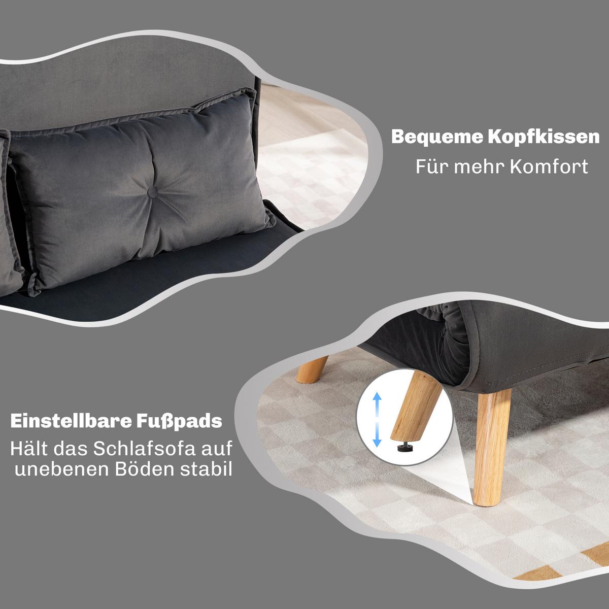 SCHLAFSOFA 3 in 1, 120 x 190 cm Schlaffunktion, Lendenkissen - Dunkelgrau/Naturfarben, Holz/Textil (75/87/120cm) - HOMCOM