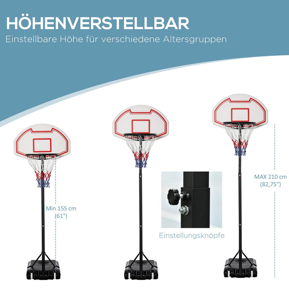 BASKETBALLKORB, Stahl, Schwarz / Rot / Weiß, 73L x 49B x 194-249H cm - Messingfarben, Metall (49/73cm) - HOMCOM