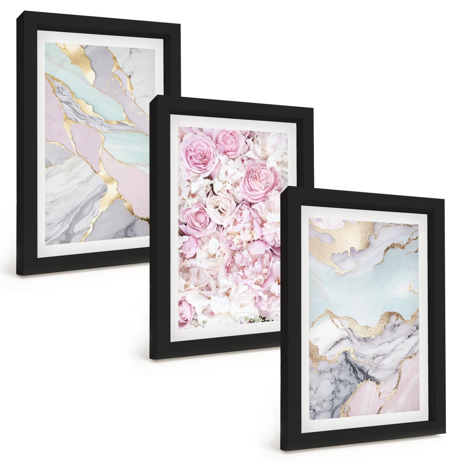 BILDER SET 3er Set - 20x30 cm Schwarzer Rahmen - Rosa Blumen Marmor Pastell - Schwarz, Kunststoff (20/30cm) - TULUP