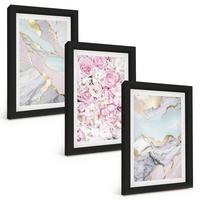 BILDER SET 3er Set - 20x30 cm Schwarzer Rahmen - Rosa Blumen Marmor Pastell - Schwarz, Kunststoff (20/30cm) - TULUP
