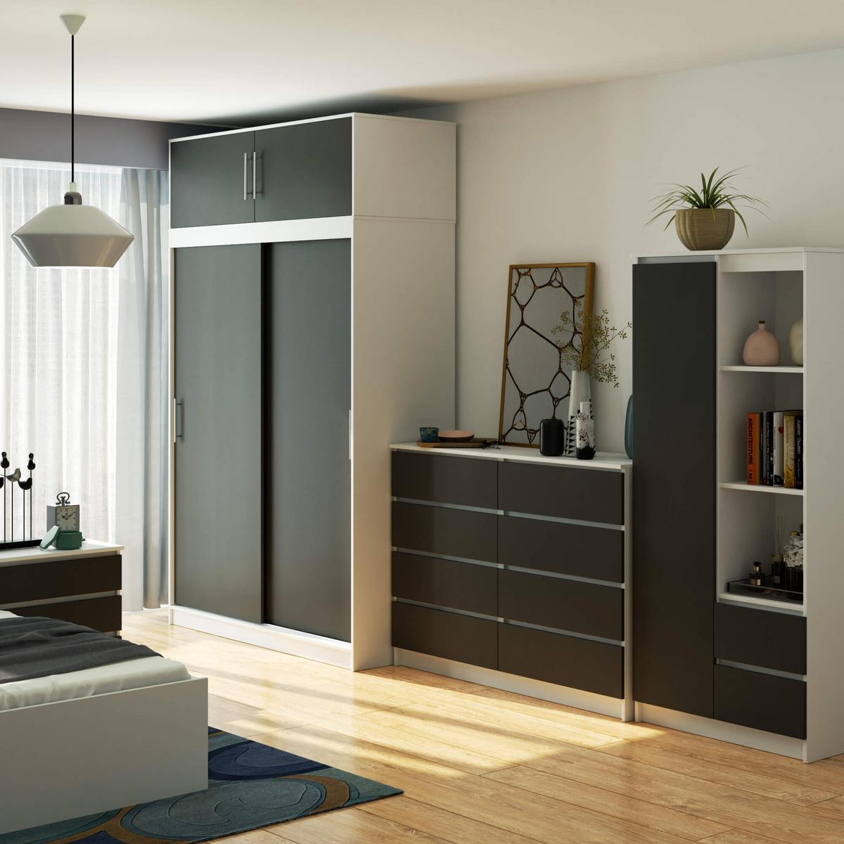 KLEIDERSCHRANK Weiß, Graphit Grau 245/150/60 - Weiß, Holzwerkstoff (150/245/60cm) - RAUMHIRSCH FURNITURE