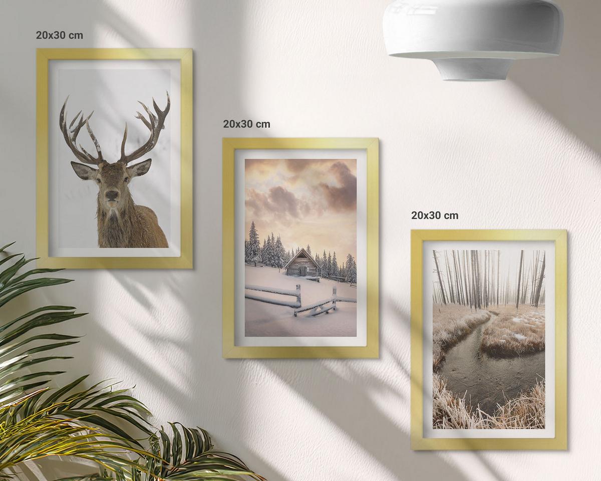 BILDER SET 3er Set - 20x30 cm Goldrahmen - Hirschhütte in Winterlandschaft - Goldfarben, Kunststoff (20/30cm) - TULUP