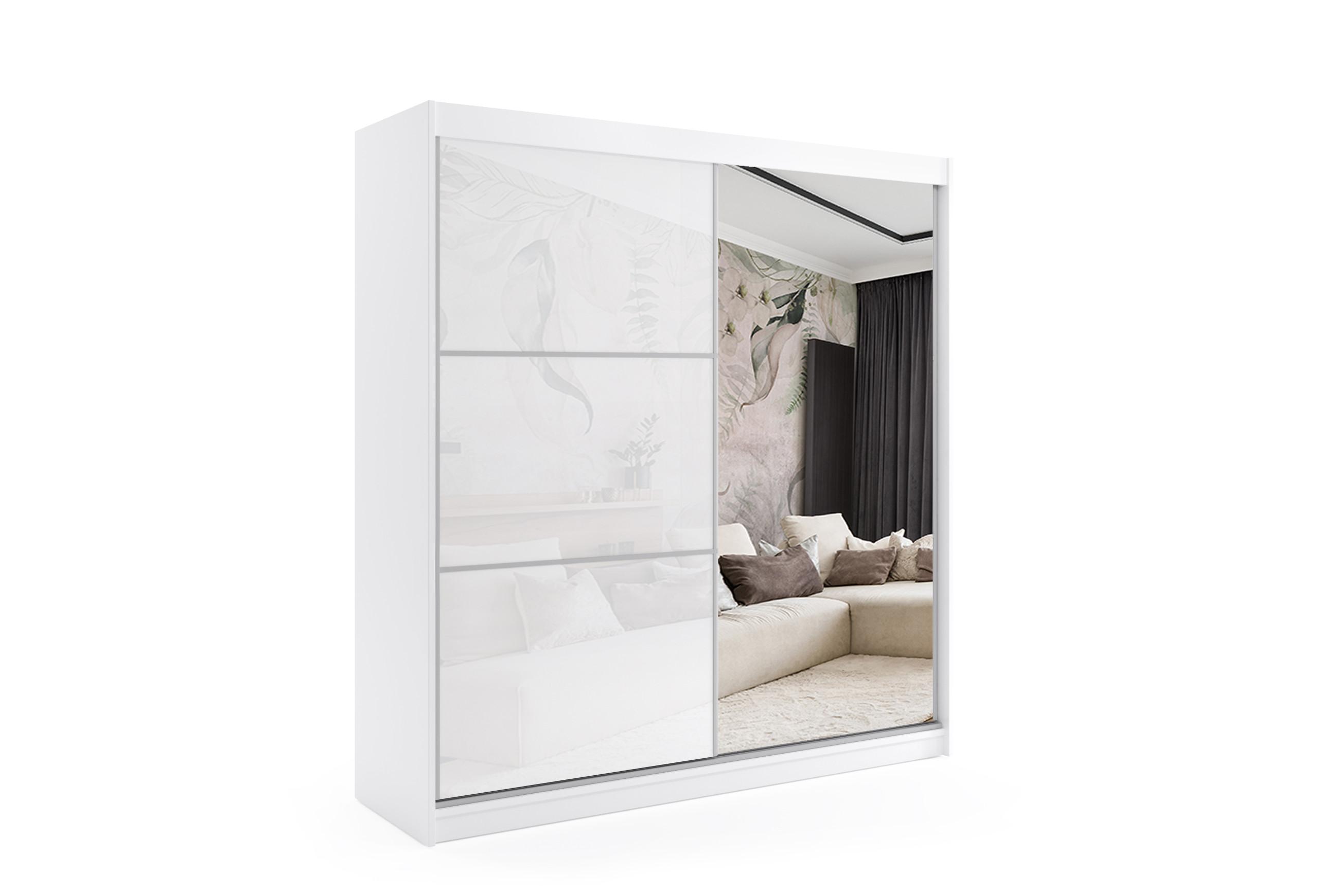 KLEIDERSCHRANK mit Spiegel-Schiebetüren und Aluminium-Leisten, LED-Beleuchtung - VIVI - 200 cm Weiß - Weiß, Holzwerkstoff (200/216/61cm) - ALTDECOR