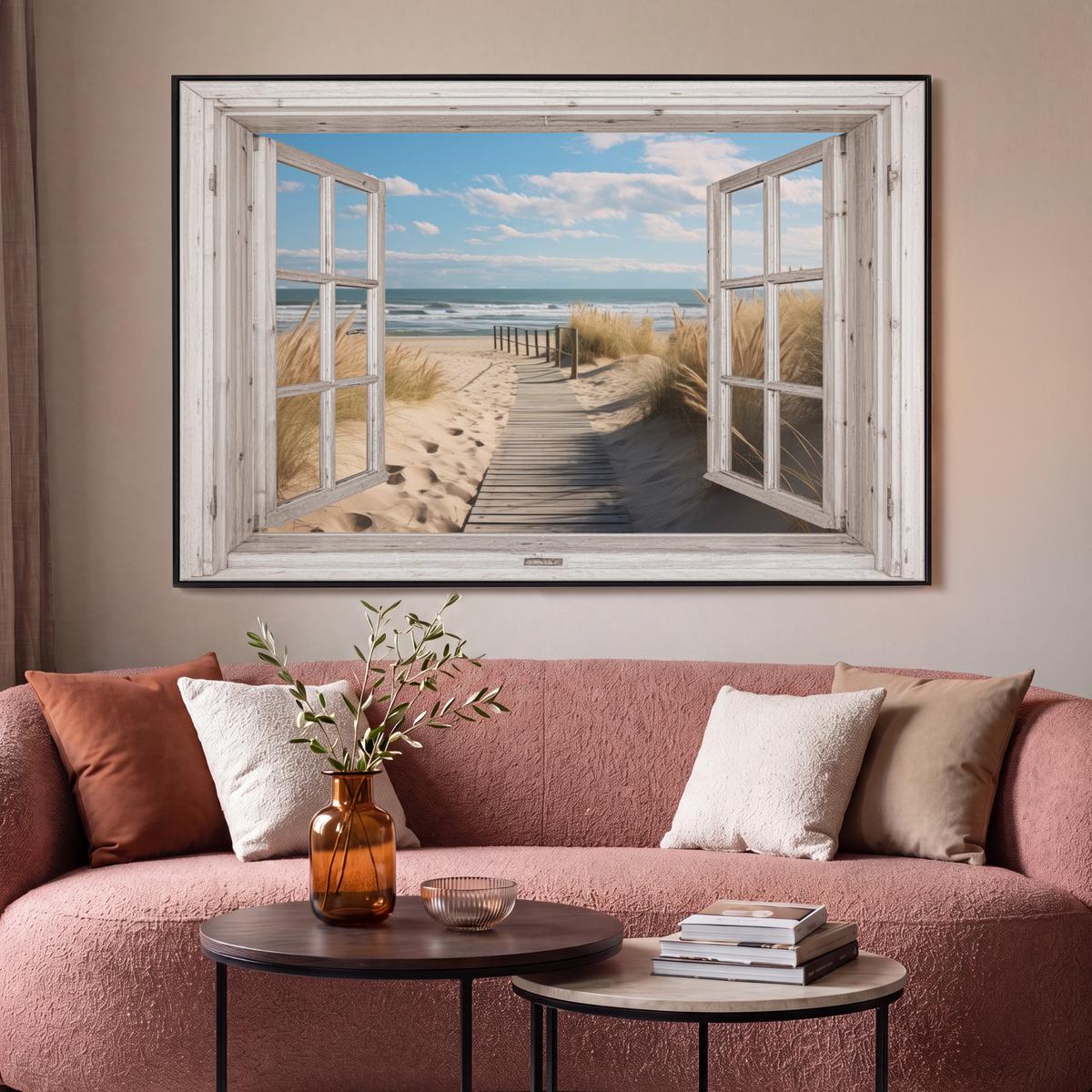 LEINWAND Bilder mit Rahmen - Fenster - Meer - Küste - Natur - Ausblick - Strand - Wattenmeer - 120x80 - Beige, Textil (120/80cm) - MuchoWow
