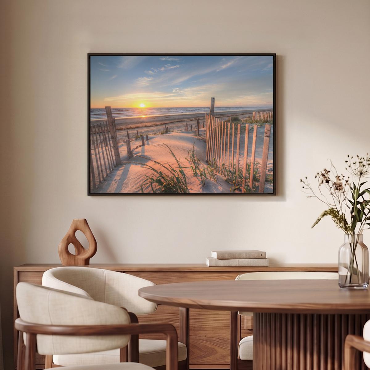 LEINWAND Bilder mit Rahmen - Strand - Meer - Düne - Sonnenuntergang - Landschaft - 80x60 - Beige, Textil (80/60cm) - MuchoWow