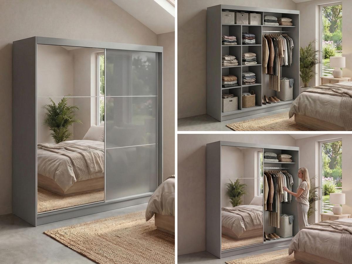 SCHWEBETÜRENSCHRANK mit Spiegel - WALENCJA - 200 - Grau lacobel - Alufarben/Grau, Holzwerkstoff/Metall (200/216/61cm) - MKS