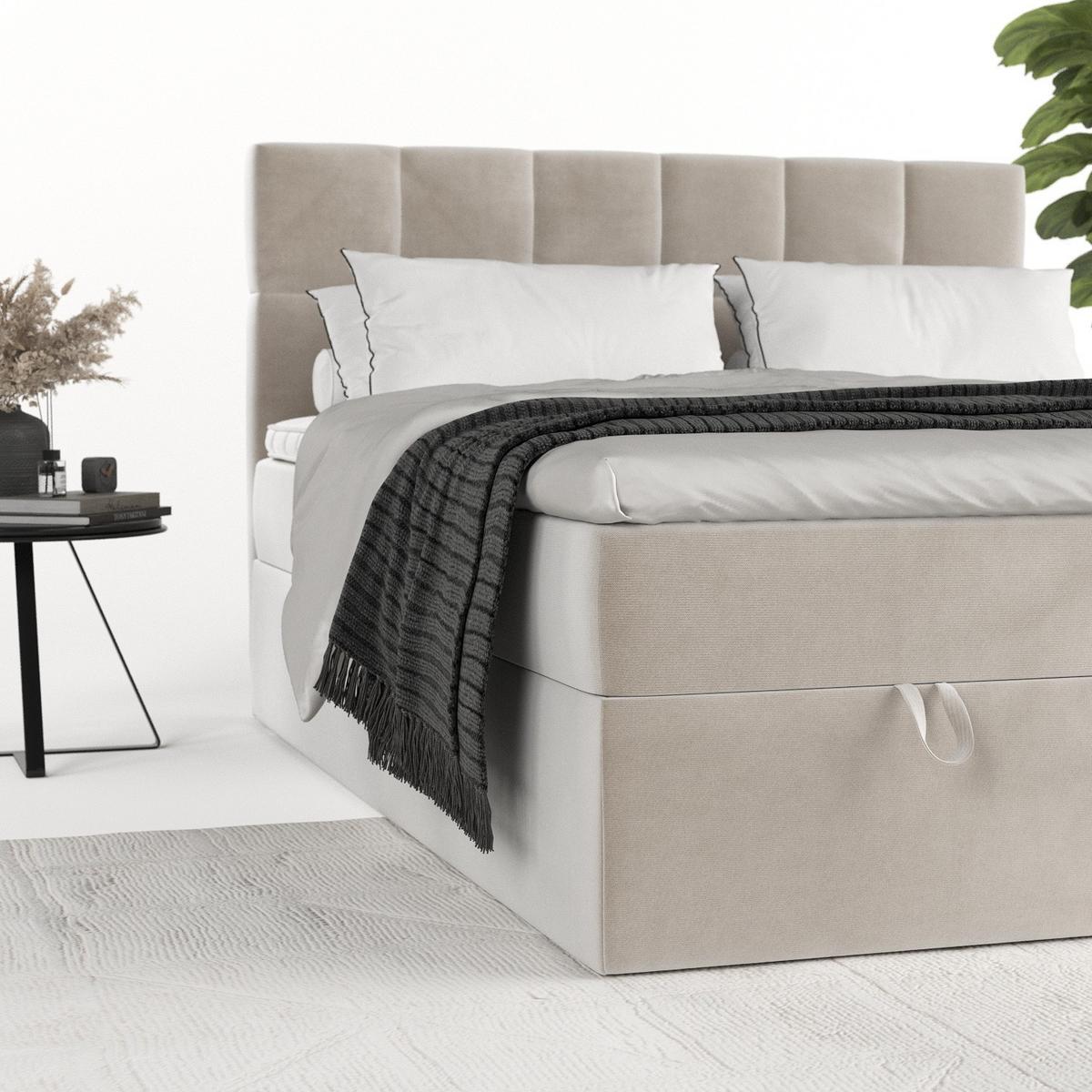 BOXBETT Savio 160/200 cm Hellbeige im Paros Stoff - Beige/Schwarz, Holz/Holzwerkstoff (160/200cm) - AltaBeds