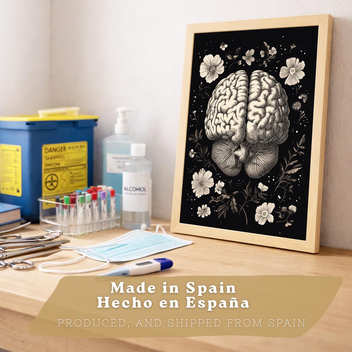 POSTER Set aus 2 Anatomie Mensch Drucke und mit Gehirn und Herz Monochromes Florales Design Schwarzer Hintergrund Größe Leichter Holzrahmen A4 - Beige, Papier (21/29.7/3cm) - Nacnic