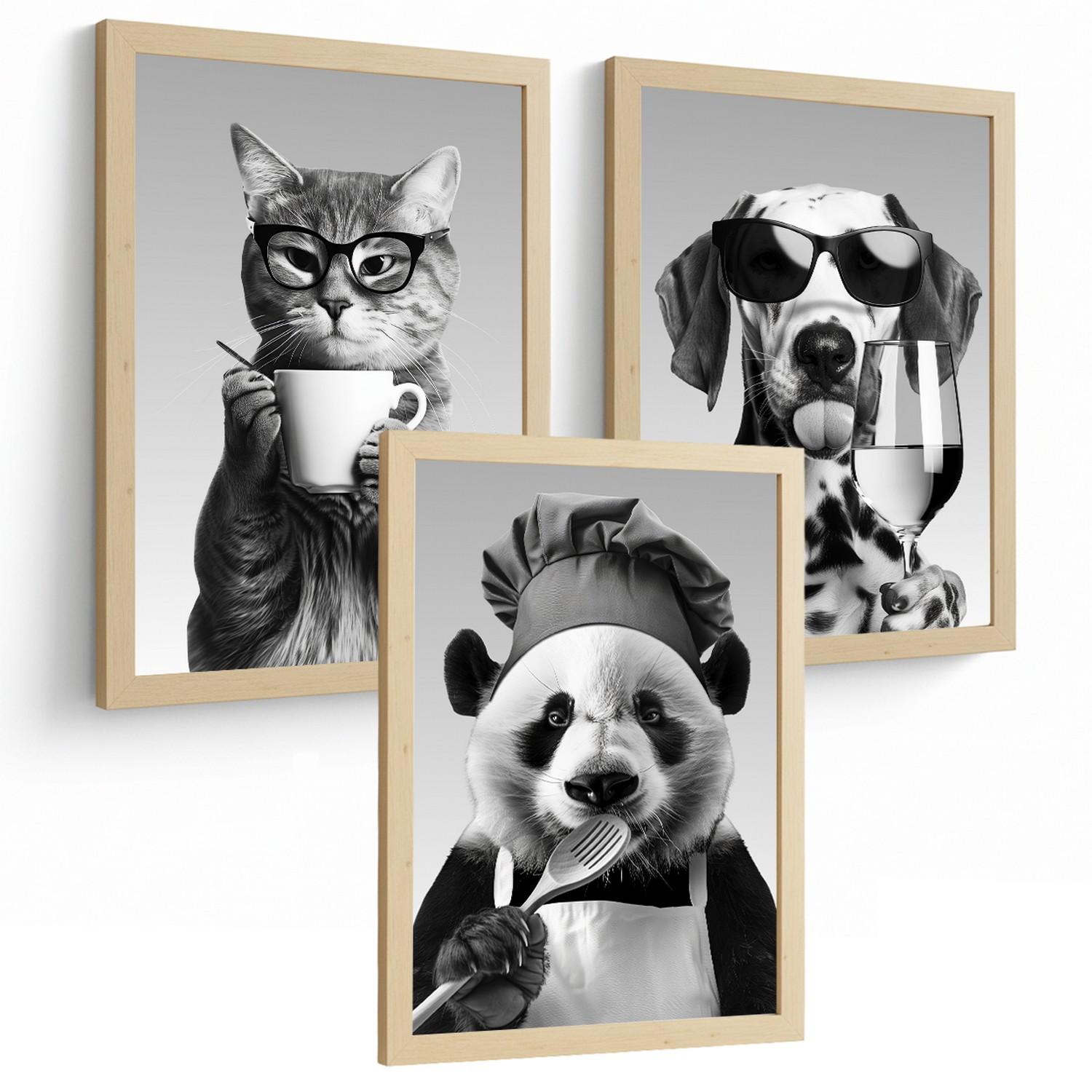 POSTER 3er Set Lustige Tiere Schwarz Weiß Wandbilder Katze Dalmatiner und Panda Koch Küche Wanddeko Rahmenlos A3 - Beige, Papier (29.7/1/42cm) - Nacnic