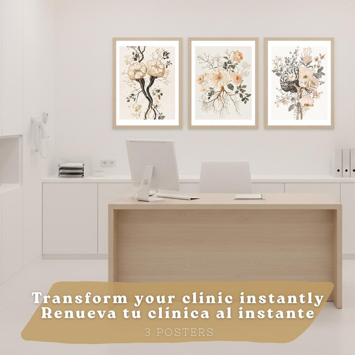 POSTER Set aus 3 Neuronale Anatomie Drucke und Wandbilder mit Neuronen Synapsen und Gehirn Minimalistischer Floraler Stil Größe Leichter Holzrahmen A4 - Beige, Papier (21/29.7/3cm) - Nacnic