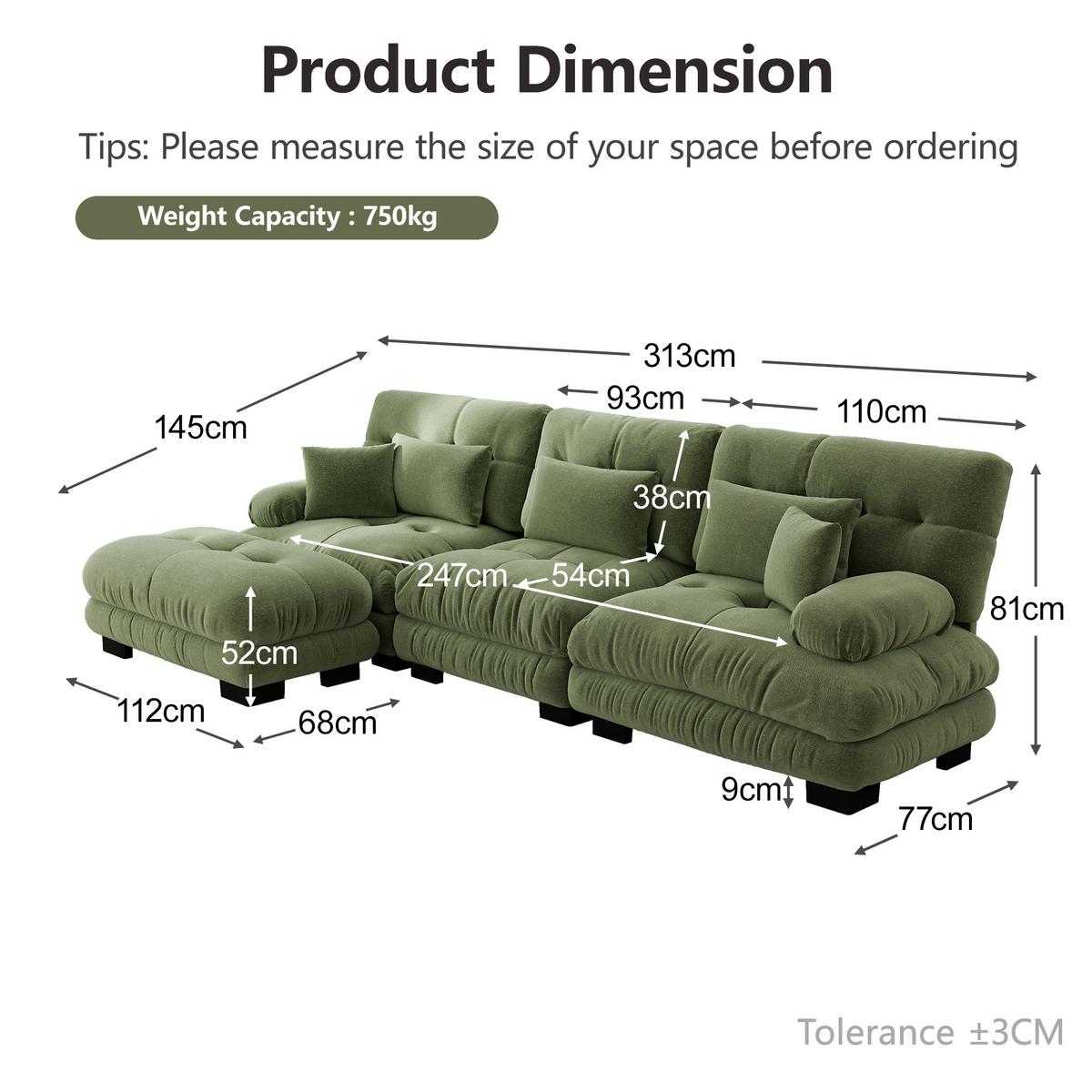 ECKSOFA Modulares 313cm Chenille Cloud-Sofa mit Ottoman für das Wohnzimmer - Grün, Textil (313/145cm) - Urban Meuble