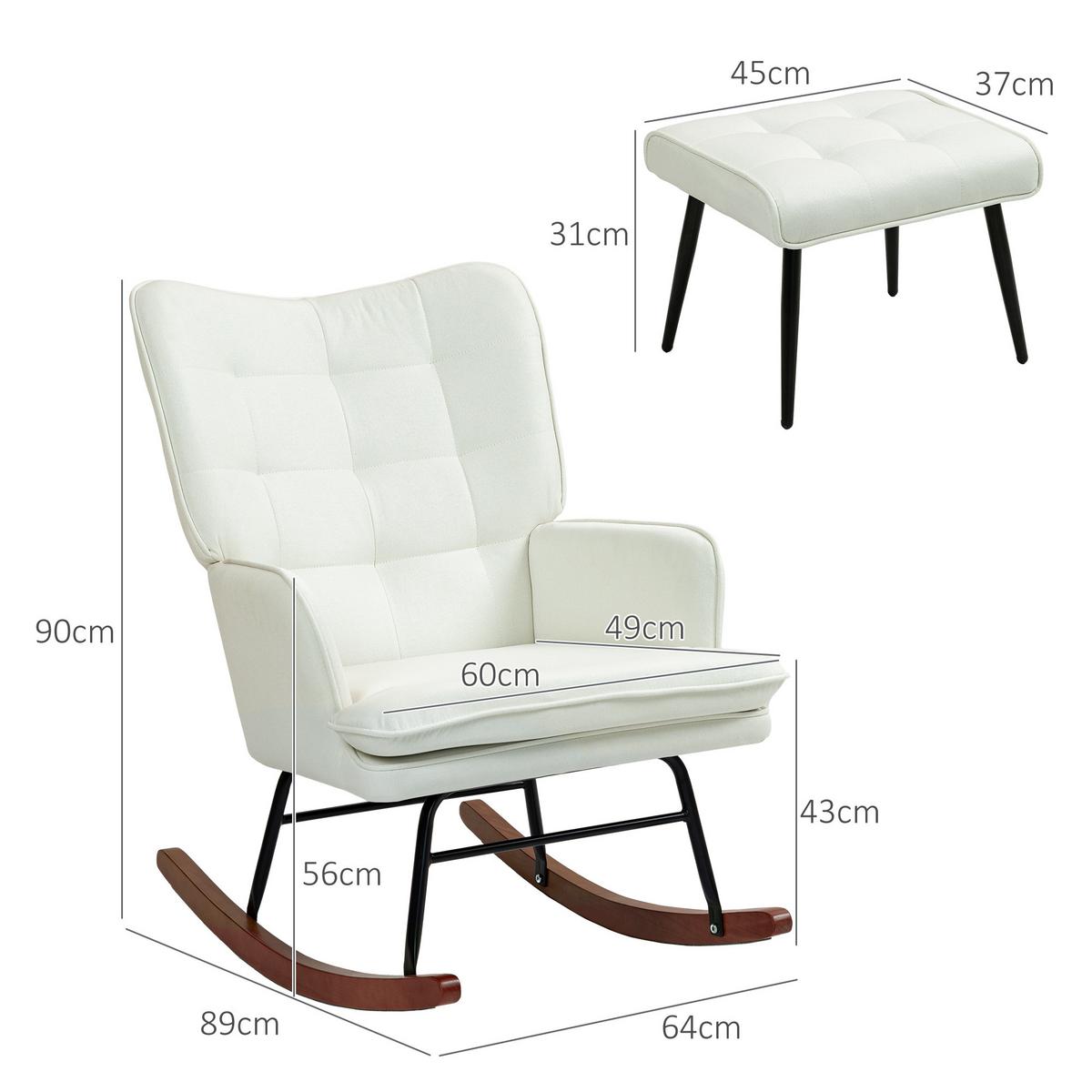 SCHAUKELSTUHL Schwingsessel mit Hocker Armlehnsessel Relaxsessel mit Leinenoptik - Creme/Schwarz, Holz/Buchenholz (89/90/64cm) - HOMCOM