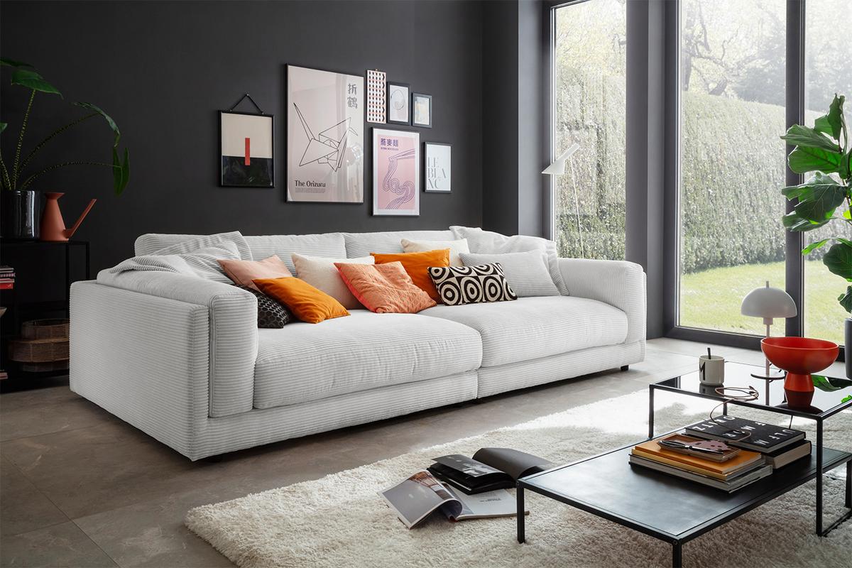 BIG SOFA RAINA Hellgrau Cord - Hellgrau/Schwarz, Kunststoff/Textil (294/85/150cm) - KAWOLA