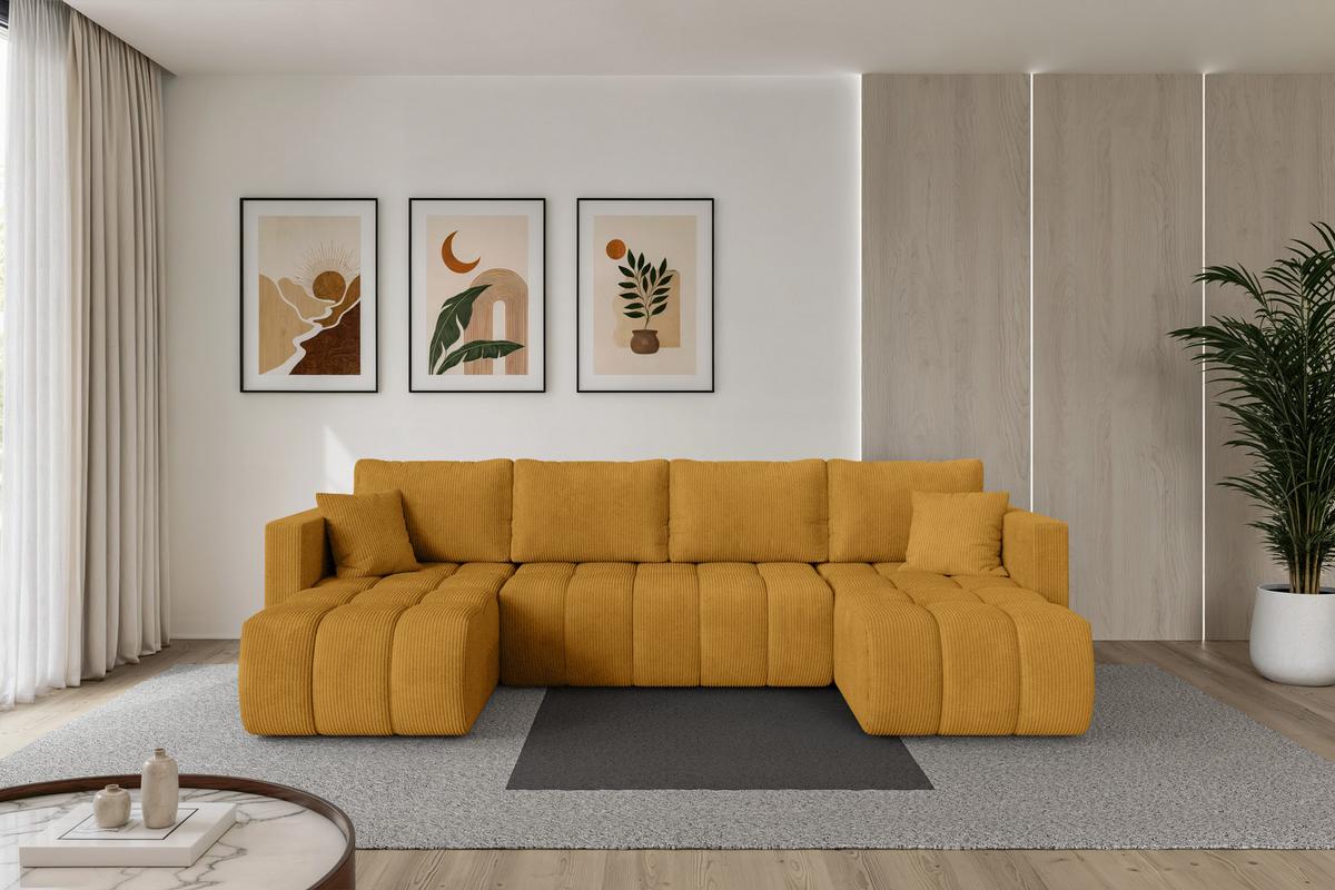 WOHNLANDSCHAFT mit Schlaffunktion und Bettkasten GARD-U 300x146x85 Senfgelb Cord - Dunkelgelb/Schwarz, Holzwerkstoff/Kunststoff (300/85/146cm) - ALTDECOR