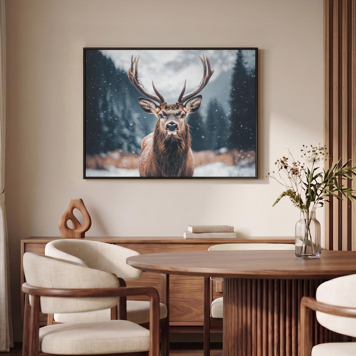 LEINWAND Bilder mit Rahmen - Hirsche - Tiere - Landschaft - Winter - Schnee - 100x70 - Kastanienfarben, Textil (100/70cm) - MuchoWow