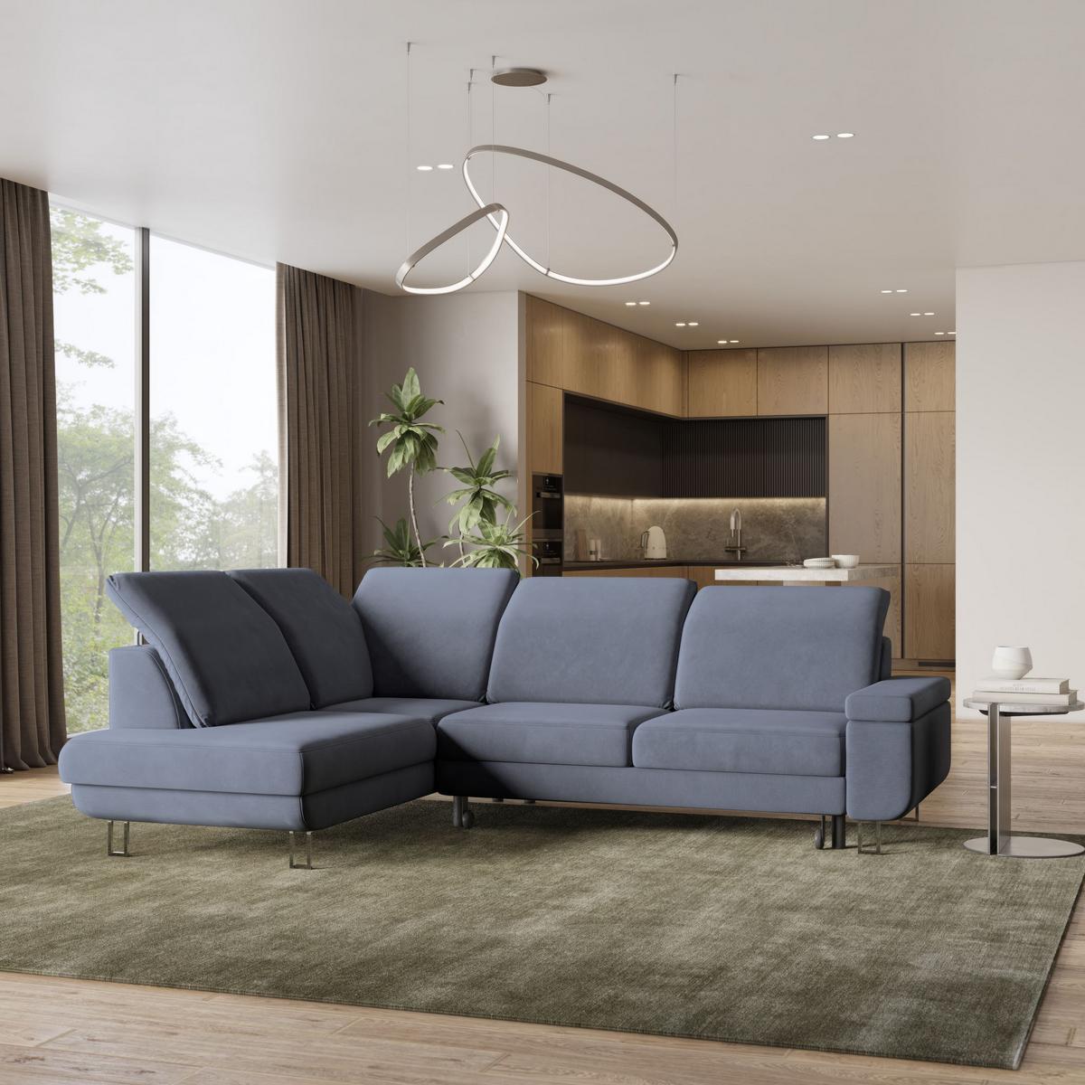 ECKSOFA LERMA L-S Grau Velours-Stoff mit Schlaffunktion - Silberfarben/Grau, Holz/Textil (253/190cm) - MASSENO