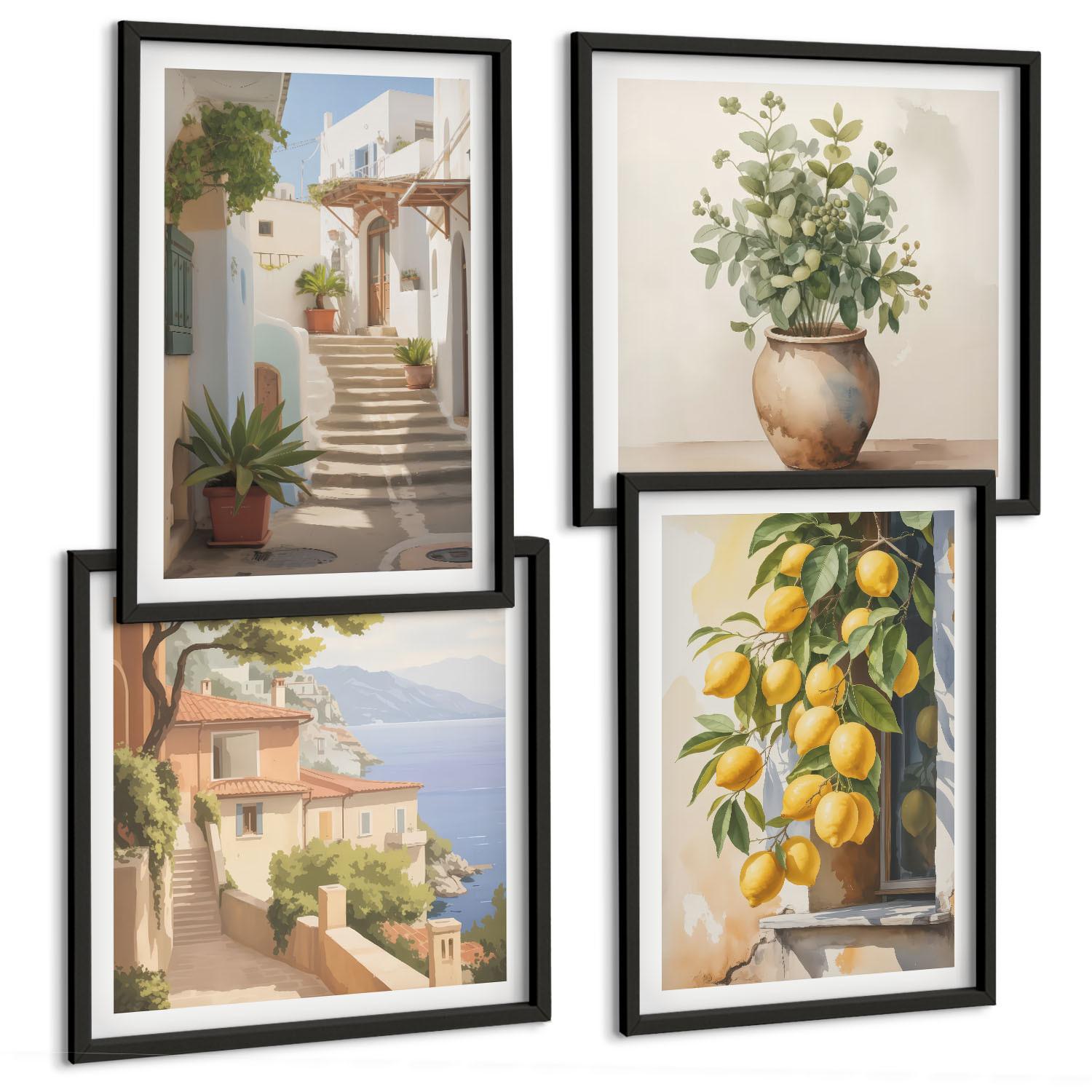 BILDER SET 4er Set - 50x50 cm & 40x60 cm Schwarzer Rahmen - Zitronenblumen im Topf, Straßen - Schwarz, Kunststoff (50/50cm) - TULUP