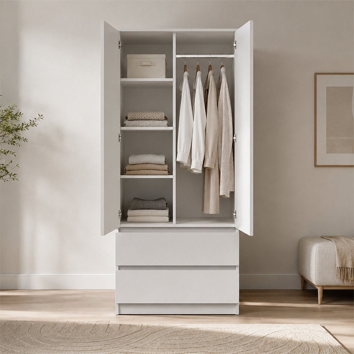DREHTÜRENSCHRANK SOLO 2D2S, Schlafzimmer, Kleiderschrank Schrank 90 cm Weiß/Weiß, 2-türig, zwei Schubladen, grifflos - Weiß, Holzwerkstoff (90/180/50cm) - imoebel24