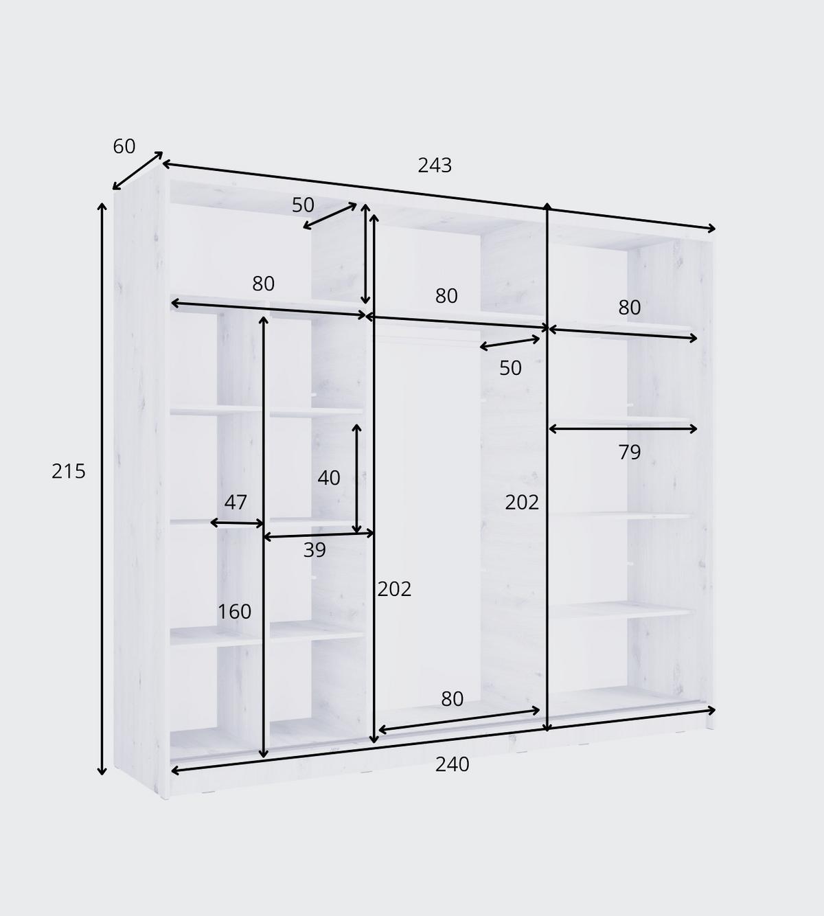 SCHWEBETÜRENSCHRANK VEYDAR 248/215/62cm 3-türig mit Spiegel Grau - Grau, Holzwerkstoff (248/215/62cm) - MASSENO