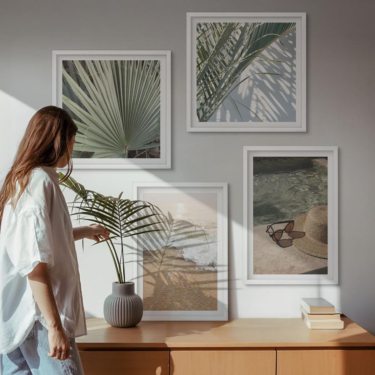 BILDER SET 4er Set - 50x50 cm & 40x60 cm Weißer Rahmen - Strandhut und Sonnenbrille - Weiß, Kunststoff (50/50cm) - TULUP