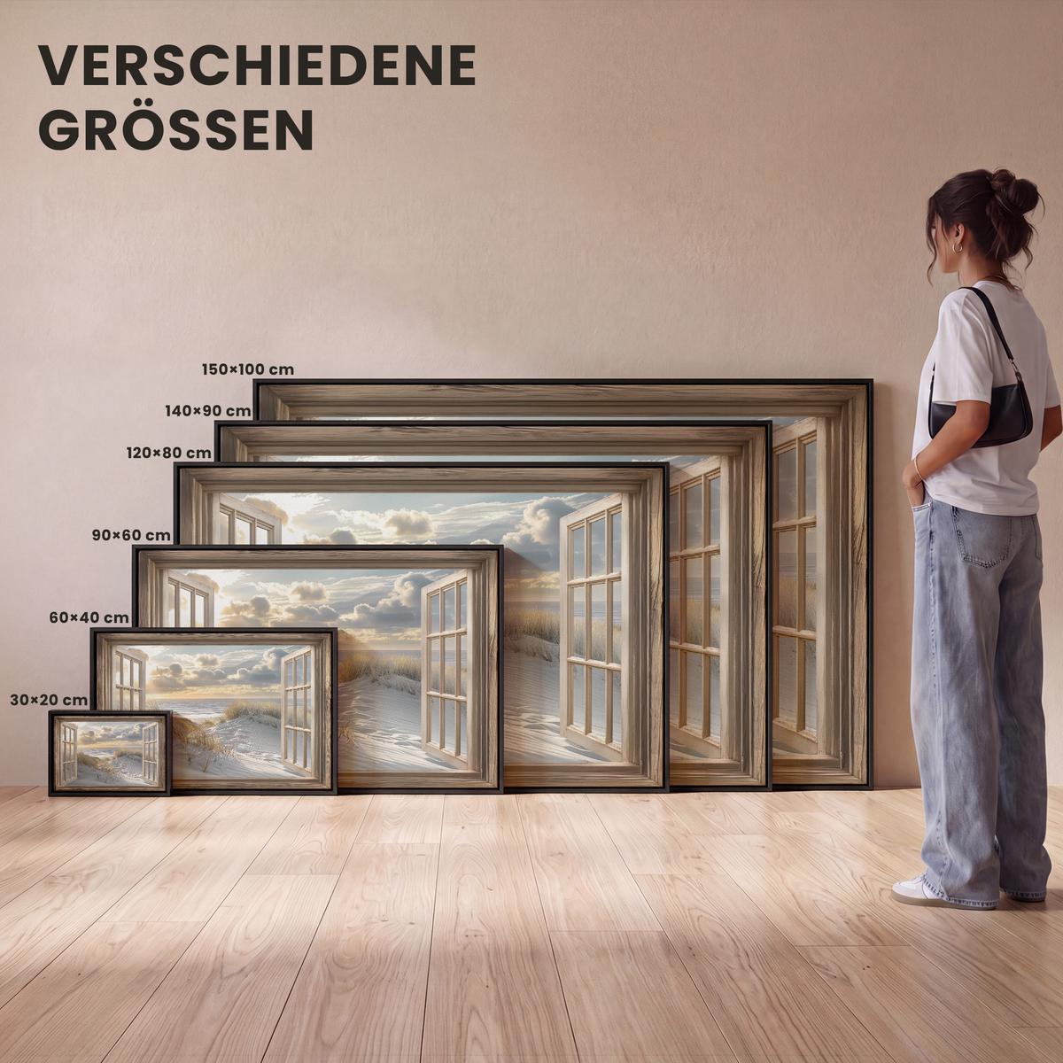 LEINWAND Bilder mit Rahmen - Ausblick - Strand - Dünen - Meer - Natur - 140x90 - Sandfarben, Textil (140/90cm) - MuchoWow