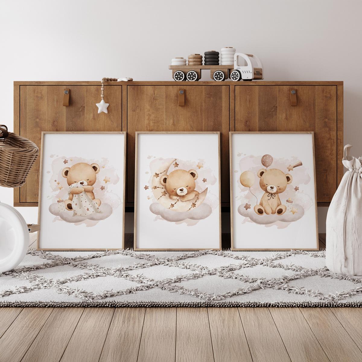 POSTER SET für Kinderzimmer Schlafende Bären auf Wolken Sterne 3x Poster A3 30x42cm - Beige/Braun, Papier (30/42/1cm) - Muralo