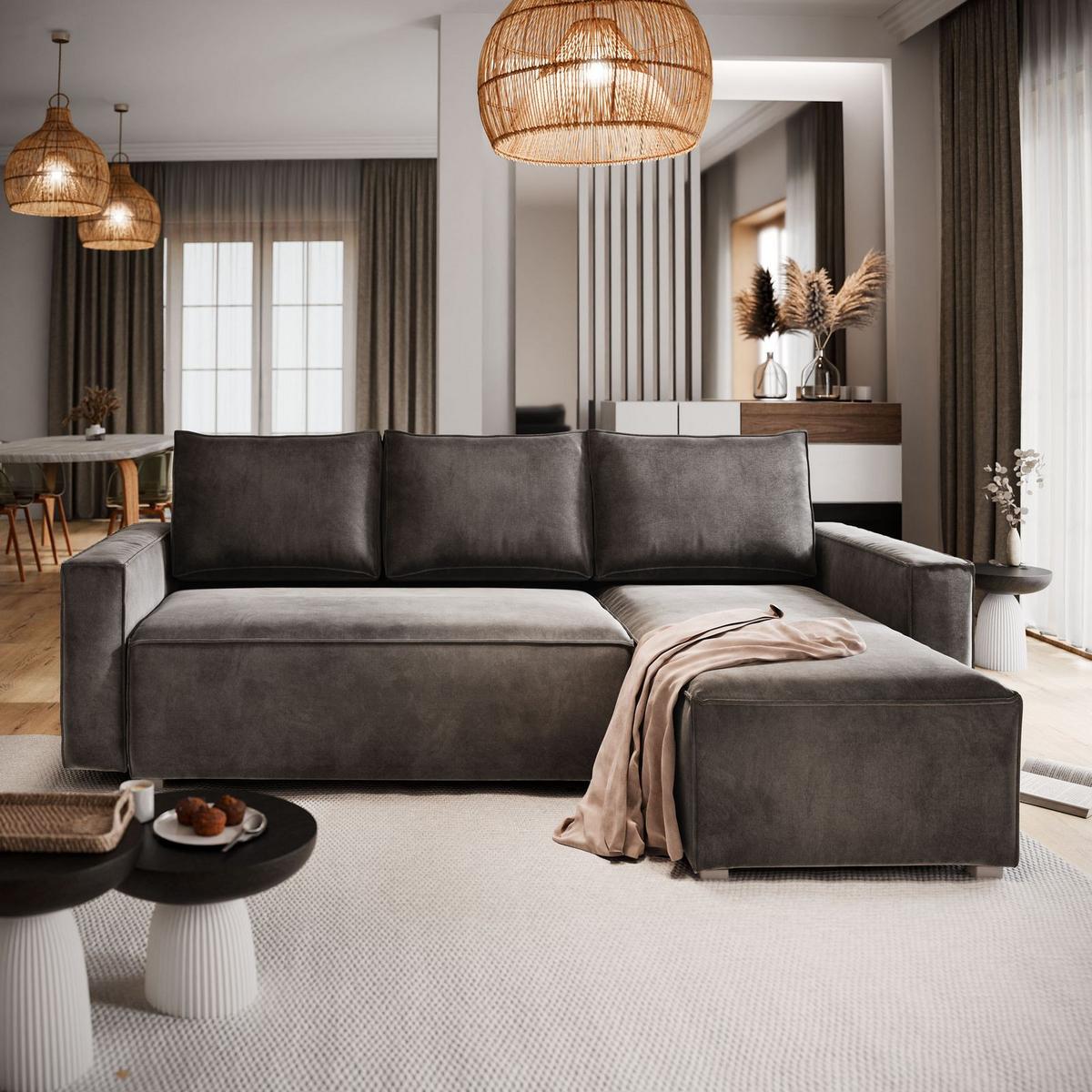 ECKSOFA SILES Grau Velours-Stoff mit Schlaffunktion - Grau, Holz/Kunststoff (230/140cm) - MASSENO