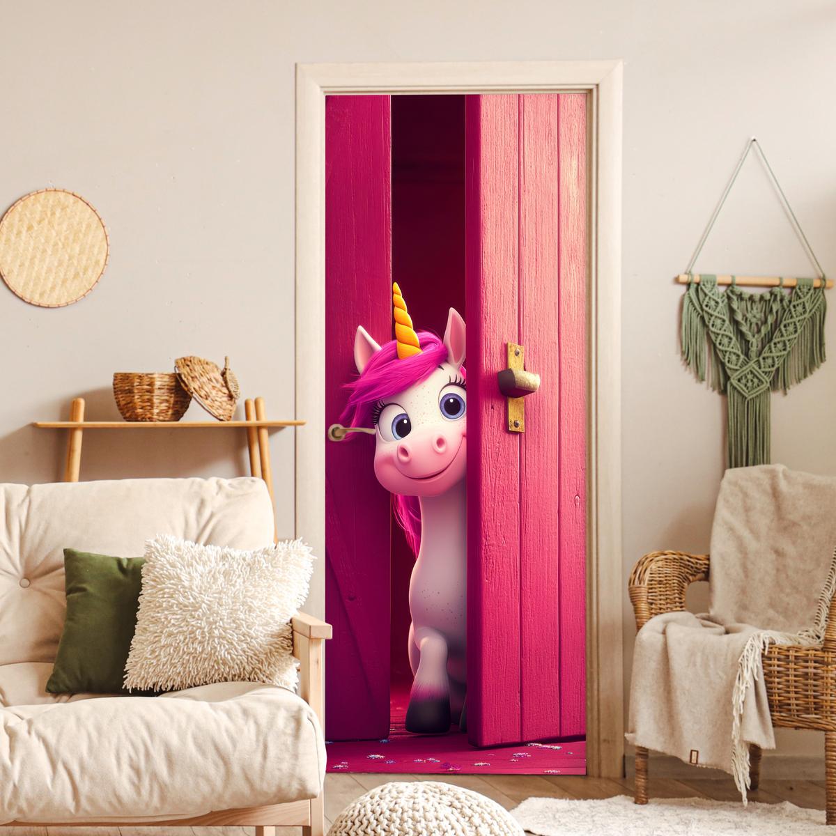 TÜRAUFKLEBER Einhorn - Rosa - Tür - Fantasie 80x215 cm - Türtapete - Pink, Kunststoff (80/0.1cm) - MuchoWow